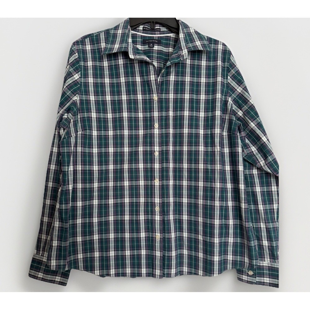 Lands' End Women's Size 16 No-Iron Pinpoint Oxford Shirt Green Blue Plaid Cotton